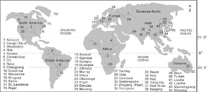 Rivers labeled on world map